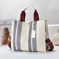 Vertical striped canvas tote bag with red handles and gold twist lock in grey white - Large / White with Blue