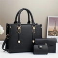 Ensemble de sacs 3 pièces en cuir noir grainé avec bandoulière et détails dorés - Grain de Litchi Noir