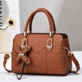 Brown litchi texture PU handbag with V-shaped stitching and golden metal buckles - Khaki/Earth Yellow