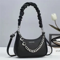 Litchi pattern black hobo bag with silver chain, moon charm and cloud handle - L23 W6 H15 / Black