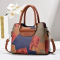 Bolso de mano de moda en cuero con diseño de patchwork geométrico y correa de hombro ajustable - Azul Marino y Rojo