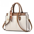 Borsa tote strutturata crema classica con bordo marrone e dettaglio sciarpa decorativa - Bianco sporco/Cachi