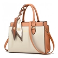 Borsa a mano bicolore beige e caramello con foulard decorativo e tracolla regolabile - Bianco Sporco e Rosa