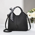 Elegant black woven tote bag with a decorative silk scarf and adjustable strap - Weaving / Black