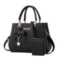 Sac à main noir en cuir PU à grain litchi avec nœud et petit portefeuille assorti - Noir