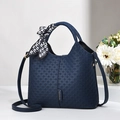 Navy blue woven texture handbag with heart pattern scarf and crossbody strap - Weaving / Dark Blue