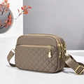 Chic khaki nylon crossbody bag with quilted pocket, wide strap, and gold-tone zippers - Khaki (Quilted)