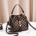 Brown checkered bucket bag with gold hardware, detachable strap, and cute bear pendant - Checked With Coffee