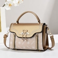 Chic beige crossbody handbag with golden flap and crystal swan emblem for women - Khaki with Gold
