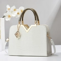 White crocodile pattern handbag with golden V-hardware and woven handles for women - Glossy White