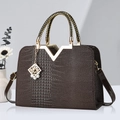 Dark brown faux leather handbag with crocodile pattern and golden V-shaped buckle - Glossy Coffee