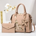 Pink PU leather handbag set with floral embroidery and gold hardware for women - Khaki
