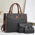 Three-piece black and brown faux leather tote set with crossbody bag and pouch - Black