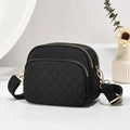 Quilted black crossbody bag with golden hardware and triple zipper compartments - Black/Quilted Rhombus