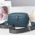 Three-layer dark blue textured leather crossbody bag with geometric woven wide strap - Blue / 21cm x 8cm x 14cm