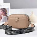 Beige triple-layer small crossbody bag with wide patterned strap and pebble leather texture - Khaki / 21cm x 8cm x 14cm