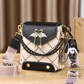 Elegant black and beige square handbag with swan clasp, pearl charm and bear pendant - Black