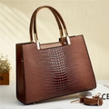 Brown faux crocodile leather tote bag with glossy finish and detachable shoulder strap - Yellow