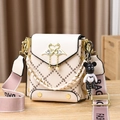Chic beige square crossbody bag with brown lattice pattern and pink fashion strap - Off-white
