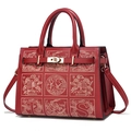 Elegante borsa a mano in pelle rossa con ricamo cinese e chiusura per donne - Rosso Vino (con sciarpa di seta rossa)