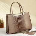 Glossy apricot patent leather tote bag with crocodile texture and gold hardware - Dark Khaki