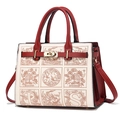 Elegante borsa bianco crema con rifiniture in pelle rossa e ricamo floreale - Bianco Sporco Patchwork Rosso (con sciarpa di seta rossa)