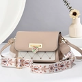 Chic beige and white crossbody bag with ethnic embroidery strap and heart lock - Khaki
