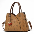 Brown leather handbag with JANENOVO monogram pattern and a decorative cherry charm - Khaki/Earth Yellow