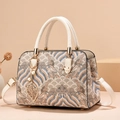Beige and blue textured floral handbag with golden leaf pendant and pearl charm - National Style / White