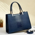 Navy blue crocodile pattern handbag with glossy finish and detachable shoulder strap - Navy Blue
