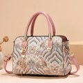 Vintage-style handbag in light blue wavy jacquard with pink leather straps and leaf charm - National Style / Pink