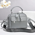 Grey pebbled leather tote bag with stylish black and white geometric wide shoulder strap - Gray