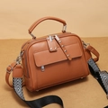 Brown lychee leather crossbody bag with geometric woven strap and silver hardware - Double Shoulder Strap / Khaki/Earth Yellow