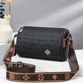 Black crocodile embossed cylinder bag with retro floral pattern wide shoulder strap - Black
