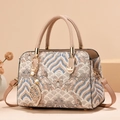 Middle-aged women handbag in blue jacquard tapestry with elegant pearl leaf pendant - National Style / Khaki