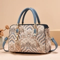 Blue vintage jacquard handbag with wave patterns and leaf pearl charm detail - National Style / Blue