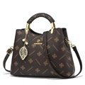 Dark brown tote bag with JANENOVO monogram print and decorative gold leaf pearl charm - Coffee