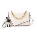White geometric shoulder bag with gold chain handle and cartoon bear pendant - White
