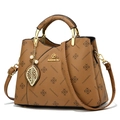 Brown litchi leather tote bag with monogram print and golden hardware accents - Khaki/Earth Yellow