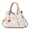 Beige faux leather handbag with vintage floral print and cherry charm accessory - Off-white