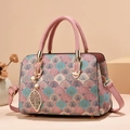 Pink Boston handbag with floral embroidery, double handles and pearl leaf pendant - Colorful Floral / Pink