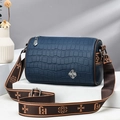 Dark blue crocodile pattern barrel bag with a wide floral jacquard shoulder strap - Royal Blue