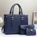 Three-piece dark blue lychee grain leather handbag set with tote, wallet and card holder - Pin Buckle Style Dark Blue