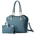 Blue textured PU leather tote bag set with golden chain strap and embossed detail - Blue