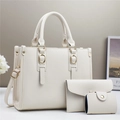 Three-piece cream white litchi grain tote bag set with elegant gold metal hardware - Pin Buckle Style White