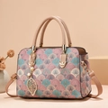 Elegant jacquard handbag with vintage fan pattern, pearl leaf pendant and top handles - Colorful Floral / Khaki