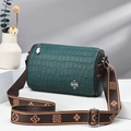 Dark green barrel bag with crocodile texture and wide jacquard fabric shoulder strap - Green