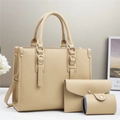 Three-piece set of beige lychee textured tote bag with envelope clutch and coin purse - Pin Buckle Style Khaki