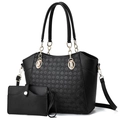 Black PU leather tote bag set with geometric embossed texture and gold chain detail - Black