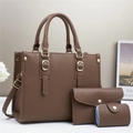 Three-piece women's handbag set in dark brown lychee pattern leather with gold hardware - Pin Buckle Style Coffee